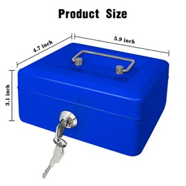 Steel Cash Box with Key Lock, Metal Small Money Organizer with Money Tray,Cash Storage Box with Lockable Cover (Blue - 6 inch)
