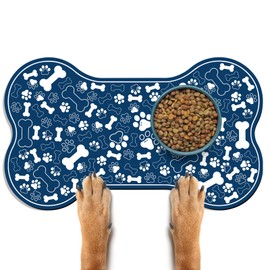 Dog & Cat Food Mat Bone Shaped Pet Feeding Mat Quick Absorb Water Bowl Placemat with Rubber Backing Indoor Floor Stain Resistant Pet Accessory Supplies (Blue, 17x29 Inches)