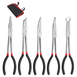 Rustark 5Pcs 11 inch Long Needle Nose Pliers Set Automotive Heavy Duty Long Reach Hose Pliers - Straight, 25, 45, 90 Degree Angle, Circle for Easy Removing and Installing Spring Clips Lines Hoses