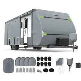 Travel Trailer RV Cover, Extra-Thick Upgraded 8 Layers for Camper Cover 27'-30' Windproof Waterproof Rip-Stop RV Covers with Adhesive Repair Patches, 2 Extra Long Windproof Ropes & 4 Tire Covers