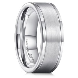 King Will Mens Silver Groove Tungsten Wedding Rings Two Grooves Edge Matte Brushed Finish Center Surface Pipe Cut Edge Wedding Band for Men Women 8
