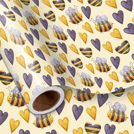 LeZakaa Bee Wrapping Paper Roll, Yellow Bees Hearts Design for Fall Thanksgiving Birthday Baby Shower, Mini Roll, 17 inches x 16.4 Feet (23.2 sq.ft.)