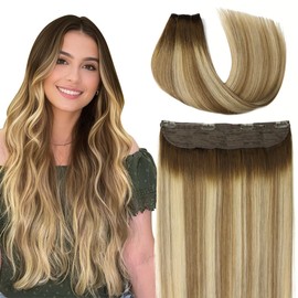 VINBAO Wire Hair Extensions Balayage Dark Brown with Light Brown Ombre Ash Blonde 14inch Invisible Wire Human Hair Extensions with Transparent Fish Line 70g (wire#3/8/22-14inch)
