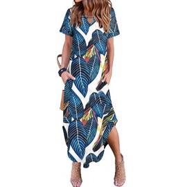 Zeagoo Tropical Dress for Womens Boho Summer Dresses Maxi Vacation Dresses for Women Short Sleeve Hawaiian Dress