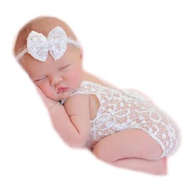 Baby Photography Props Newborn Girl Photo Shoot Outfits Infant Costume Lace Headdress Outfit (White)
