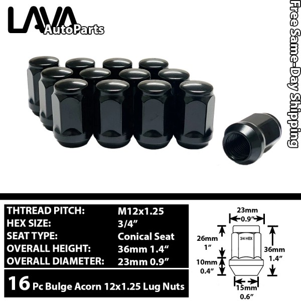 LAVA-AUTO 16PC 1.38" TALL 12X1.25 BLACK 3/4" HEX ACORN LUG