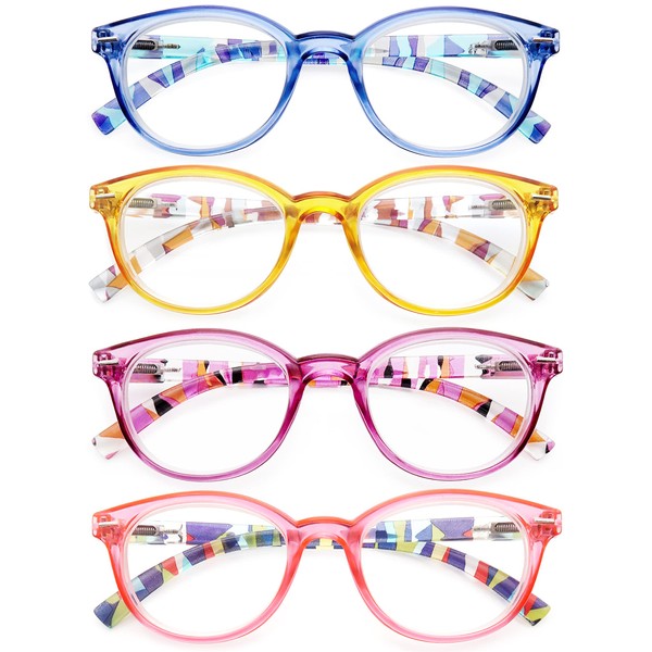 HEEYYOK 4 Pack Reading Glasses Women,Round Frame Readers Spring Hinges,Ladies