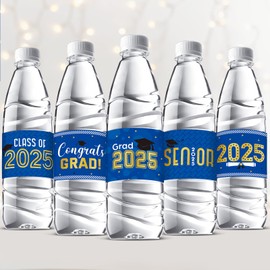 Outus 72 Pcs Graduation Decorations Water Bottle Labels 2025 Congrats Grad Stickers Class of Party Supplies for High School College Nursing Doctorate Graduation Celebration(Blue Gold)