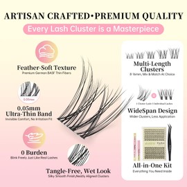 Natural Wispy Lash Clusters Kit, C Curl Soft Individual Lashes 8-16mm, DIY Eyelash Extensions with 0.05mm Thin Invisible Band, DIY Salon Kit with Bond Seal Remover Tweezer, 120 Clusters, AIRY 12 Kit