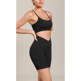 ODODOS Cloud Feeling Cross Waist Yoga Shorts for Women, 6" Crossover High Waist Lounge Biker Shorts, Black, Medium