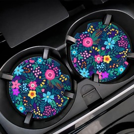 Colorful Flowers and Plants Car Cup Holder Coaster,Car Coasters for Cup Holder,2 Pack Floral Berries Anti-Slip Absorbent Ceramic Car Cup Coasters for Women Men with Finger Notch Cork Base 2.56"