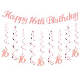 bng-bng 16th Birthday Party Decorations Rose Gold with Happy 16th Birthday Bunting 16 Banner Hanging Swirls Streamers for Girls Sixteen 16 Years Old Birthday Party Decor Supplies Photo Backdrop