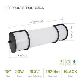 ASD LED 18 Inch Flush Mount Vanity Lighting Fixture | 20W 1650LM 3000K-5000K 120V | 3CCT, Dimmable, Energy Star, ETL Listed | Bathroom Linear Wall Light Bar, Long Tube Bath Sconce | Black