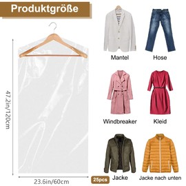 Clothes Bags, Pack of 25 Hanging Garment Bags, Waterproof Dust Protection, Protective Shield, Dustproof Garment Bags for Suits, Jackets, Shirts (60 x 120 cm), Transparent