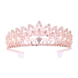 Weddingtopia Crystal Rose Gold Wedding Tiara And Matching Rhinestone Wedding Necklace Set Rhinestone Bridal Tiara Crown with side combs Wedding Hairband Comb Pin (ROSE GOLD)