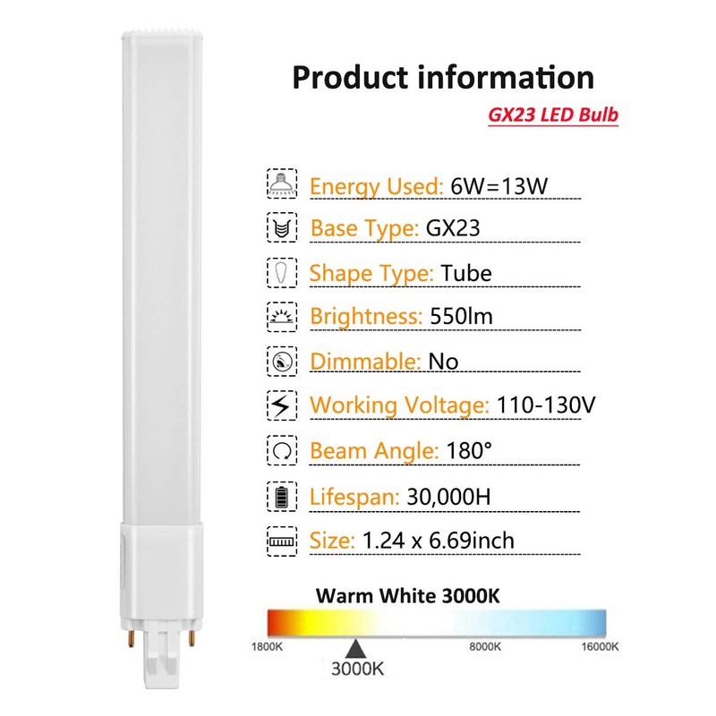 Amazing power GX23 LED Bulbs, 6W LED 2-Pin PL Horizontal