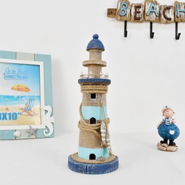 Wooden Lighthouse Decoration with Lights Nautical Tabletop Centerpiece Decorative Tower Light Ocean Beach Themed Sculpture Indoor Outdoor Wood Coastal Decor for Party Mantel Table (12.75"H Teal)