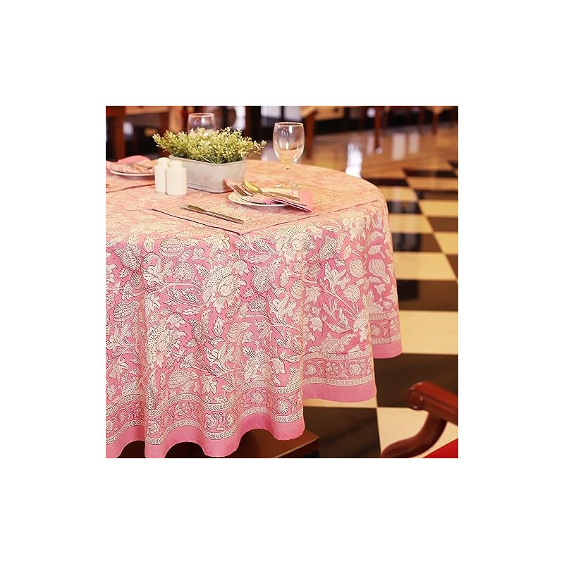 Labhanshi Pink Block Print Round Table Cloth|Indian Round Floral Cotton