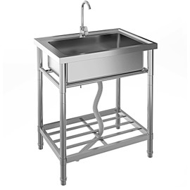 Stainless Steel Utility Sink, Free Standing Single Bowl Kitchen Sink with Faucet, Hot and Cold Water Pipe, for Garage, Shop, Laundry, Sliver