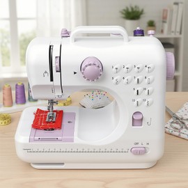 Kids Sewing Machine with 12 Built-in Stitches, 2-Speed Foot Pedal, 32-Color Sewing Thread Kit, Sewing Supplies Compatible, Sewing Machine Table Fit, Mini Electric Tool for Home Mending & DIY Crafting