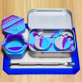 KUVIS Silicone Wax Carving 5ml 26ml Hexagon Concentrate Containers with 5.2" Rainbow Tool and 5.9"×4.9" Mat (Purple Blue Grey)