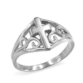 Religious Jewelry Filigree Cross Ring for Women in Fine 925 Sterling Silver (Size 11.5)