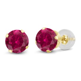 Gem Stone King 14K Yellow Gold Red Created Ruby Stud Earrings For Women Men (1.20 Cttw Round 5MM)