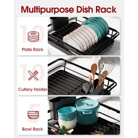 Sakugi Dish Drying Rack in Sink- Expandable Dish Rack Used Over Sink, in Sink & on Countertop, Rustproof Kitchen Dish Drying Rack with Removable Cutlery Holder, 16.1" D x 12" W x 4.2" H, Black