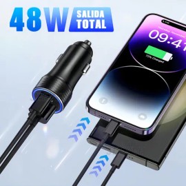 Cargador Para Carro Cargador Carro Auto 48w Rápida Cargador De Coche Vehículo Tipo C Pd 30w Y Qc 3.0 Usb A 18w Con 1m Tipo C Cable Negro Jeeyee
