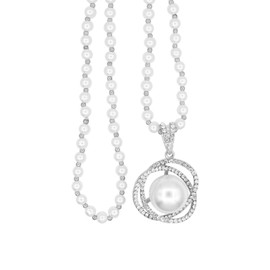 Long Crystal Round Pearl Pendant Necklace for Women Rhinestone Pearl Tassels Necklaces Pearl Beaded Necklaces Gold Silver Sweater Statement Necklace Fashion Jewelry for Women (Silver Round 1)