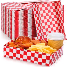 Large Red Checkered Cardboard Food Trays 10.24 x 7.09 x 2.36 Inches 4 Corner Paperboard Food Box Paper Snack Trays Red and White Disposable Food Holder for Popcorn Nacho Theater Carnival (60 Pcs)