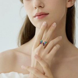 MISS RIGHT Butterfly Crystal Ring for Women Trendy: 18K Gold Plated Vintage Boho Cute Finger Knuckle Adjustable Chunky Rainbow Butterfly Rings Aesthetic
