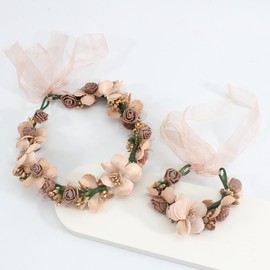 Mecool Bride Crown Rose Head & Wrist Band Set for Women Floral Headbands for Girls | Bridal Headband Set Adjustable | Flower Hair Accessories | Wedding Hair Accessories for Women-Brown