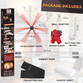 Chimney Sweep Kit - 33 Feet, 10 Flexible Rods, Brush & Drill-Driven Rotary System