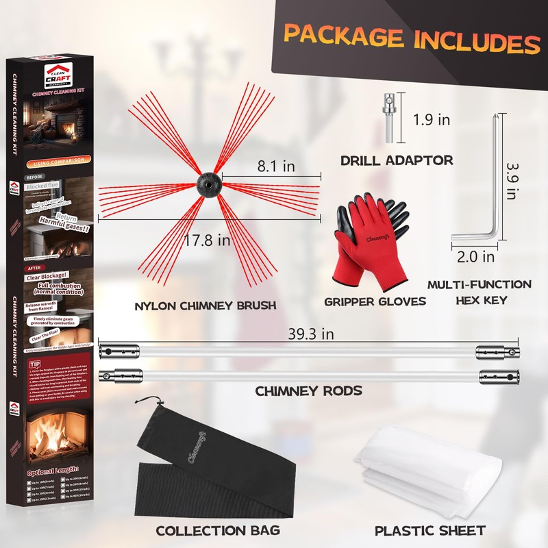 Chimney Sweep Kit - 33 Feet, 10 Flexible Rods, Brush