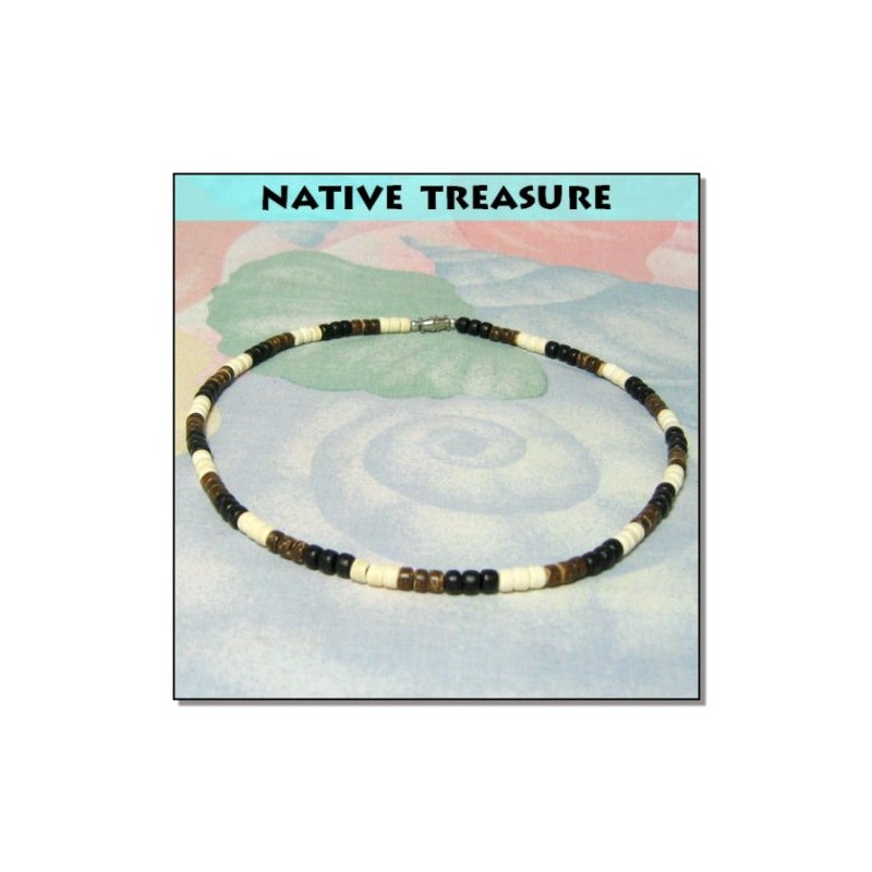 Native Treasure - 18" Black, Brown, Cream Wood Coco Bead