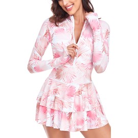 UNIQUEBELLA Rash Guard for Women, 1 Piece Modest Swimsuits for Women - Long Sleeve Swimsuits UV UPF 50+ Pink