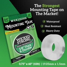 WickedGood Strong Double Sided Tape - Nano Clear Double Sided Mounting Tape with Heavy Duty, Waterproof Adhesive for Indoor, Outdoor Use, Multi Purpose for Wall, Picture Frames, Carpet (3/4" x 60")