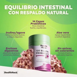 Probióticos en Gomitas, 120 Billones UFC con 14 Cepas, Inulina de Agave, FOS y Enzimas Digestivas, Sabor Uva, Suplemento Vegano Sin Azúcar Sin Gluten,