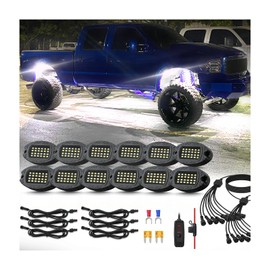 12Pods Pure White LED Rock Lights Kit with Switch Wiring Harness Extension Wire, 6500K 24LEDs Neon Underglow Light Fender Lights Waterproof for Trucks Jeep ATV UTV SUV SXS Off Road