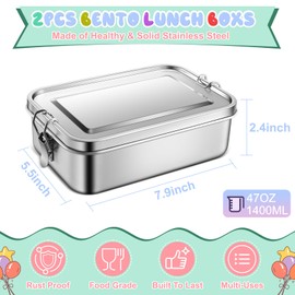 TeamFar Stainless Steel Bento Box, 2 Pack 47oz/1400ml Metal Lunch Box with 3 Compartments for Adults Kids, Large Lunch Food Containers for School/Work/Meal Prep, Leak-Proof & Dishwasher Safe