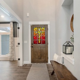 Cross Window Film, in Stained Glass Style Window Stickers, Colorful Door Covering Window Tinting Film Room Decor Opaque Window Film, red W35.4 x H47 Inch