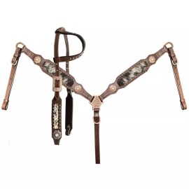 Showman Black & White HAIR ON COWHIDE Dark Leather One Ear Bridle BreastCollar Reins SET