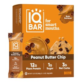 IQBAR Brain and Body Plant Protein Bars - Peanut Butter Chip - 12 Count, Low Carb, High Fiber, Gluten Free, Vegan Snacks - Low Sugar Keto Energy Bars
