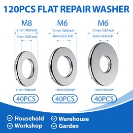Round Flat Spacer Repair Washer - 120Pcs Round Metal Alloy Steel Washer, A2 304 Stainless Steel Washers, Rustproof Flat Washers 3 Sizes, Metal Flat PennyWasher for Screws Bolts(M6, M8)
