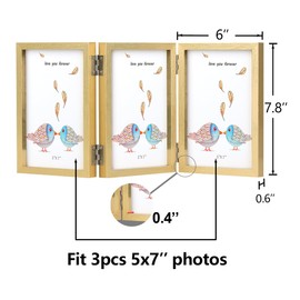 3 Picture Frame 5x7 Golden Triple Hinged MDF Wood with Glass Front Three Opening Photo Frame Stand Vertical on Tabletop