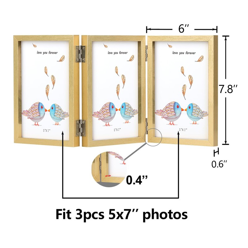 3 Picture Frame 5x7 Golden Triple Hinged MDF Wood with