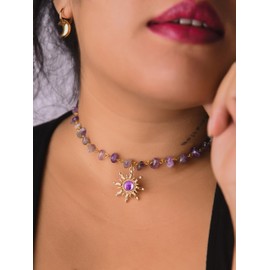 Sacina Purple Sun Choker, Freesize, Zinc Alloy, Stainless Steel, Nature Crystal, No Gemstone