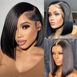 Wear and Go Glueless Wigs Pre Plucked Pre Cut 4x4 Bob Wig Human Hair wigs for black women Short Straight Bob Wig Human Hair 180 dentisty natrual color 16 Inch