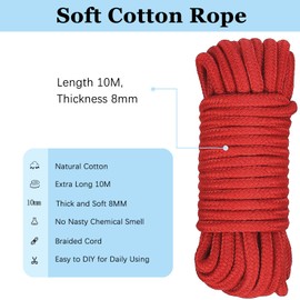 10M Soft Cotton Rope Cord, Thick Cotton Cord, All Purpose Soft Rope Twisted Cotton Knot Tying Rope for DIY Craft Projects Hanging Bundling Rope, (Red Rope)
